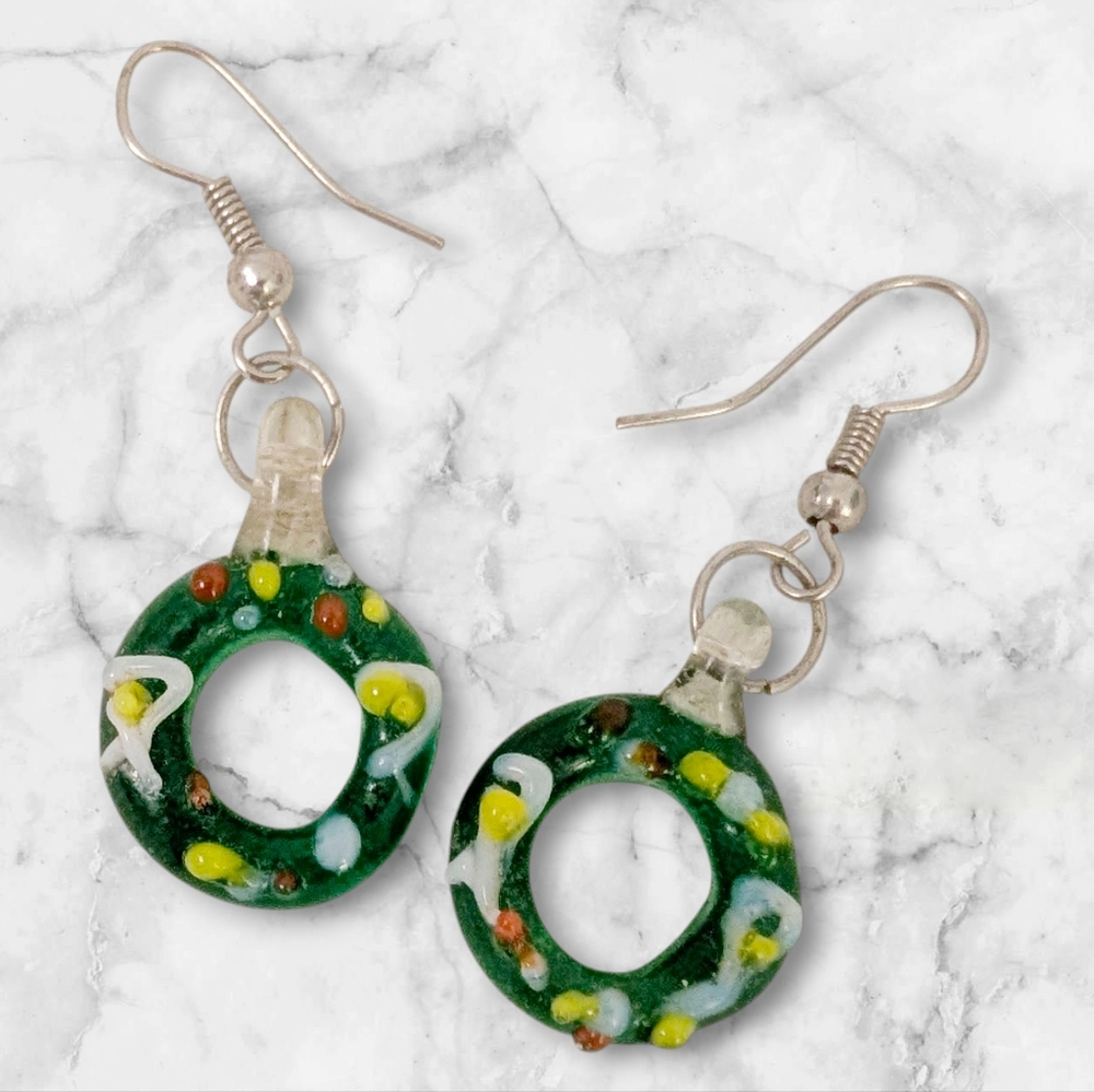VINTAGE Earrings Green Glass Circles Round Hanging Cute Retro